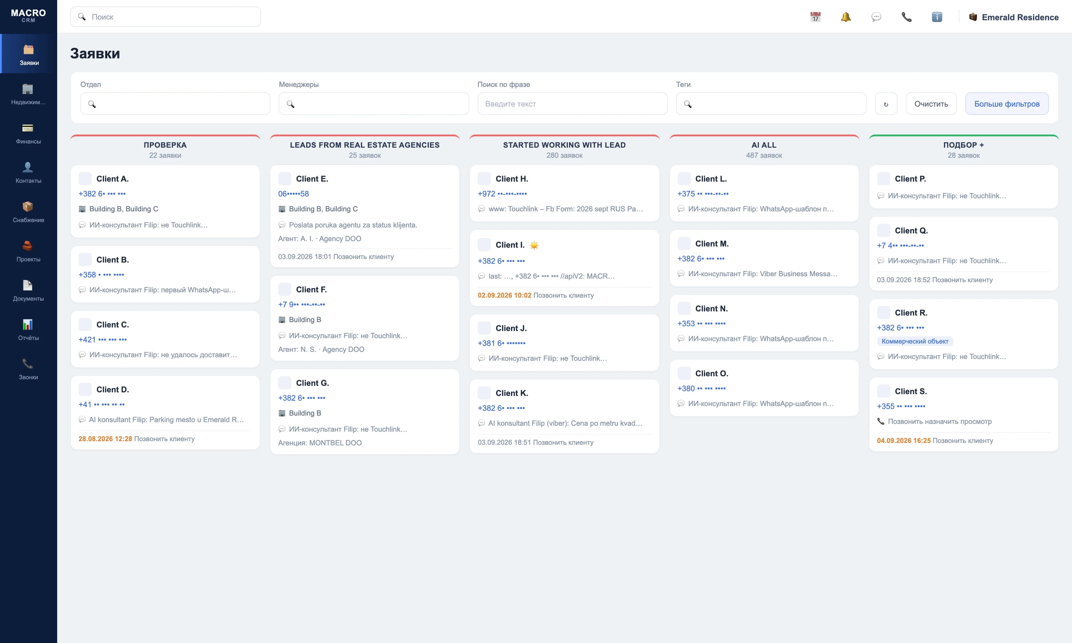 Macro CRM — the developer's lead pipeline with the AI consultant 'Filip' automating WhatsApp/Viber follow-ups and agency-lead intake. Illustrative view; client names and phone numbers are anonymized.